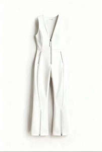 Detail of white sleeveless ski jumpsuit featuring a V-neckline and functional metal zippers