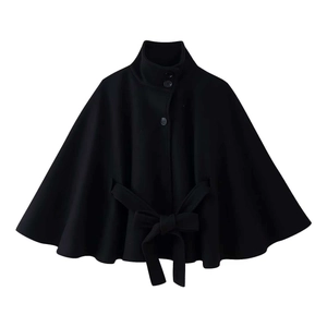 Women's black wool-blend cape coat with high collar, belt closure and A-line silhouette