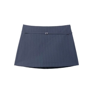Classic dark blue pinstripe high-waisted mini skirt with decorative metal buckle belt