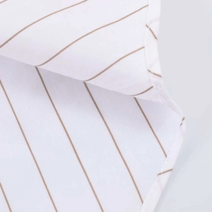 Detailed macro view of white and brown striped shirt fabric with fine mesh texture