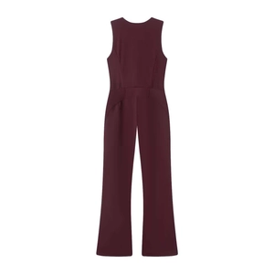 Women's deep burgundy sleeveless wide leg ski style jumpsuit with zipper detail