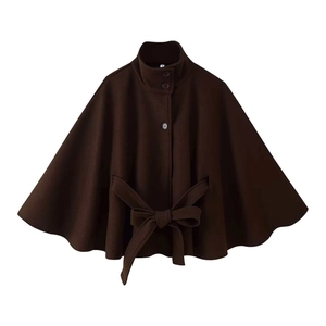 Women's autumn wool cape coat with belt in deep chocolate brown color for elegant style
