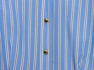 Close-up of blue and white striped shirt dress featuring luxury gold dome metal buttons