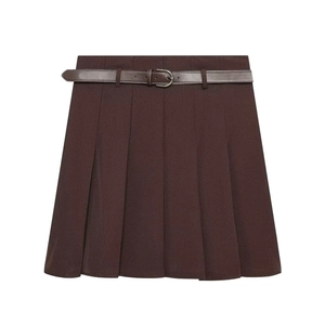 Women High Waisted Pleated Mini Skirt With Leather Belt Solid Color Dark Brown Streetwear A-Line Sexy Bottoms