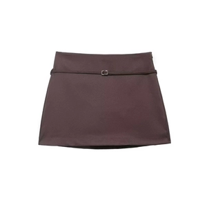 Women High Waist A-Line Mini Skirt Elegant Solid Striped Office Casual Short Skirt With Metal Buckle Belt Polyester Skirt
