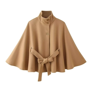 Detail of khaki cape coat with stand-up collar, round buttons and tied waist belt