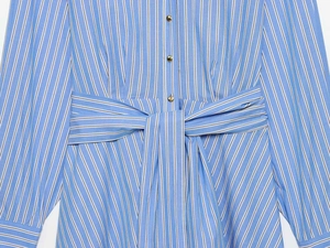 Detail of blue striped shirt dress featuring gold buttons and matching waist belt tie