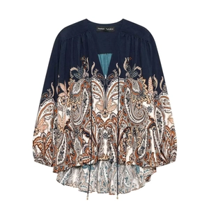 Blouse Bohème Femme Bleu Marine Imprimé Paisley Floral Col en V Manches Longues Lanterne Ourlet à Volants Chemise en Mousseline Ample