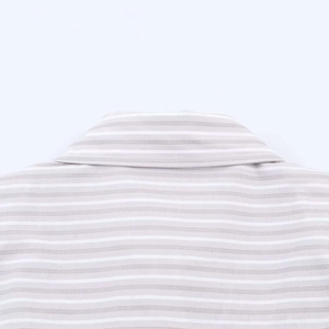 Detail of rear collar on light gray and white pinstripe shirt with crisp cotton fabric