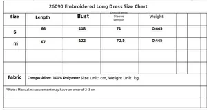 Size chart detail for embroidered kaftan jacket featuring 100% polyester fabric details