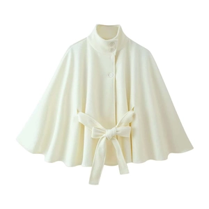 Fashionable cream short cape coat with high collar, buttons and matching waist belt