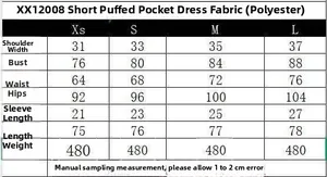 Size chart table with detailed measurements for pleated short sleeve pocket mini dress