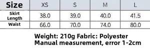 Size chart table for minimalist two-piece set skirt showing length and waist measurements