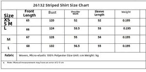 Size guide for women's striped shirt with length, bust, and sleeve measurements in cm