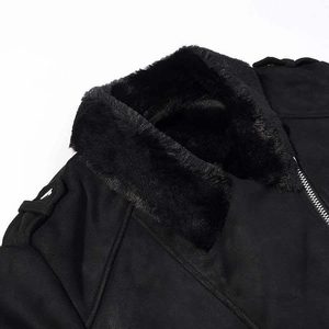 Men's black suede biker jacket with faux fur collar and shoulder epaulets detail