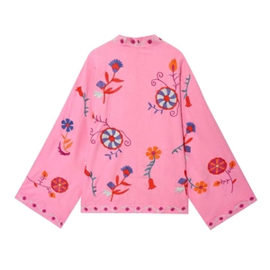 Pink bohemian embroidered kaftan jacket with floral back detail and long sleeves