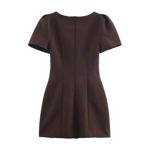 Back view of brown mini dress with puff sleeves and invisible zipper closure detail