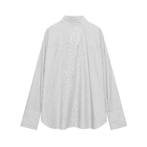 Women's vertical striped long sleeve loose shirt with curved hem and drop shoulder design