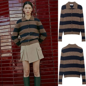 Cardigan en Maille Rayée Vintage pour Femmes Col Polo Manches Longues Pull à Boutons Marron Bleu Marine Tricot Casual