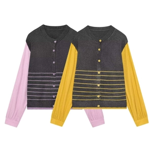 Women Striped Color Block Knit Cardigan Round Neck Single Breasted Long Sleeve Casual Patchwork Sweater Knitwear Top