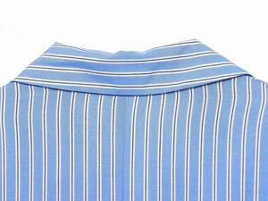 Close-up of blue and white striped shirt collar with fine vertical stitching detail