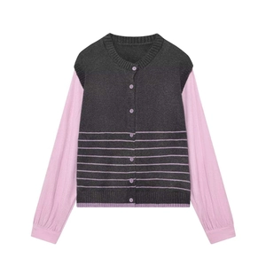 Women's color-block striped knit cardigan with pink sleeves and round neck button closure