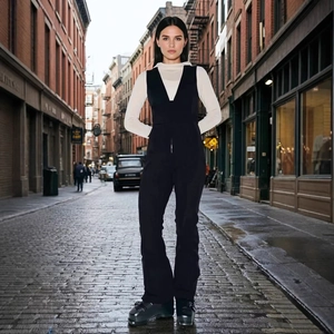 Women Sleeveless Front Zip High Waist Jumpsuit Slim Fit Flare Leg One Piece Romper Chic Streetwear Solid Color Ski Style