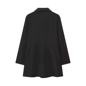 Rear view detail of a black minimalist long-sleeve blazer jacket with a loose silhouette