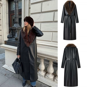 Manteau Long en Similicuir Élégant pour Femmes Avec Grand Col en Fausse Fourrure Ceinture Boutonnage Simple Noir Trench