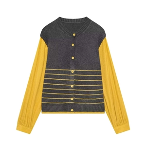 Women's color block striped knit cardigan sweater in dark grey and yellow colors