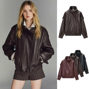 Detailed view of women's vintage faux leather bomber jackets in brown, burgundy, and black