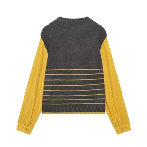 Women's casual gray and yellow color-block striped knit top with long sleeves