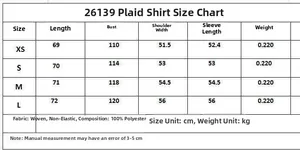 Size chart for black and gray plaid shirt including length, chest, and sleeve measurements