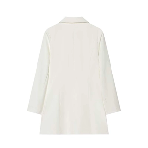 Back view of a white tailored blazer featuring a cinched waist and classic lapels