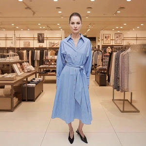 Women Elegant Blue Striped Long Sleeve Shirt Dress With Tie Waist Golden Buttons Casual Commuting Midi Dress