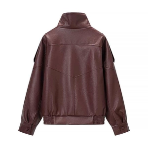 Back view of wine red faux leather bomber jacket with pebbled texture and V-seam stitching