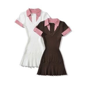 Preppy style knit pleated dress with plaid collar in white and brown colors
