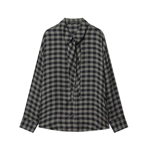 Women's grey and black plaid shirt with elegant neck tie and long sleeves