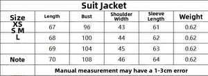 Size chart for blazer jacket showing measurements from XS to L in centimeters