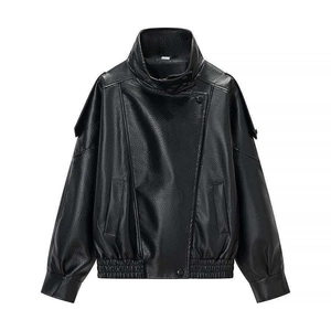 Vintage black faux leather bomber jacket with a high collar and asymmetric snap closure