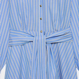 Blue and white vertical striped shirt dress with gold buttons and tie-waist detail