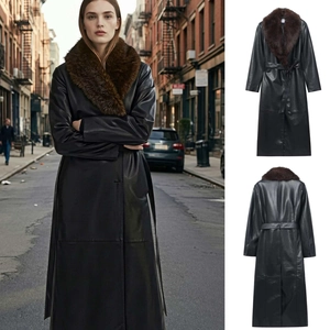 Damen Langer Kunstledermantel Mit Abnehmbarem Kunstpelzkragen Schnürung Taille Büro Herbst Winter Warmer Übermantel Jacke