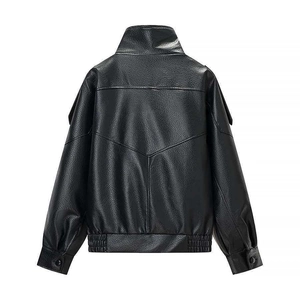 Detailed back view of a black faux leather aviator jacket featuring V-shaped stitching detail