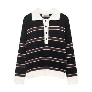 Pull en Maille à Rayures Rétro pour Femmes Col Polo Automne Hiver Pull Ample Manches Longues Couleur Contrastée Tricot Top Décontracté