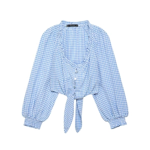 Women Gingham Ruffle Blouse Long Puff Sleeve V-Neck Tie Front Crop Top Blue White Checkered Shirt Elegant Casual Top