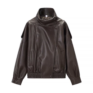 Vintage dark brown faux leather bomber jacket with stand collar and textured finish