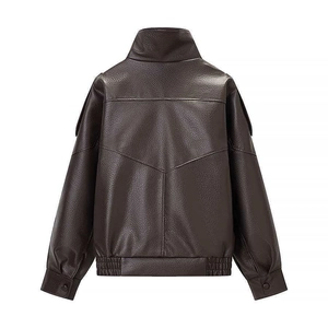 Rear view of dark brown faux leather bomber jacket with elasticated hem and seams