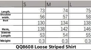 Size guide for striped long sleeve shirt showing length, bust, and sleeve measurements