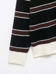 Gros plan du pull à rayures montrant la texture dense et les poignets en maille côtelée