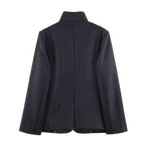 Formal black suit jacket with stand collar and buttoned cuffs, elegant back view